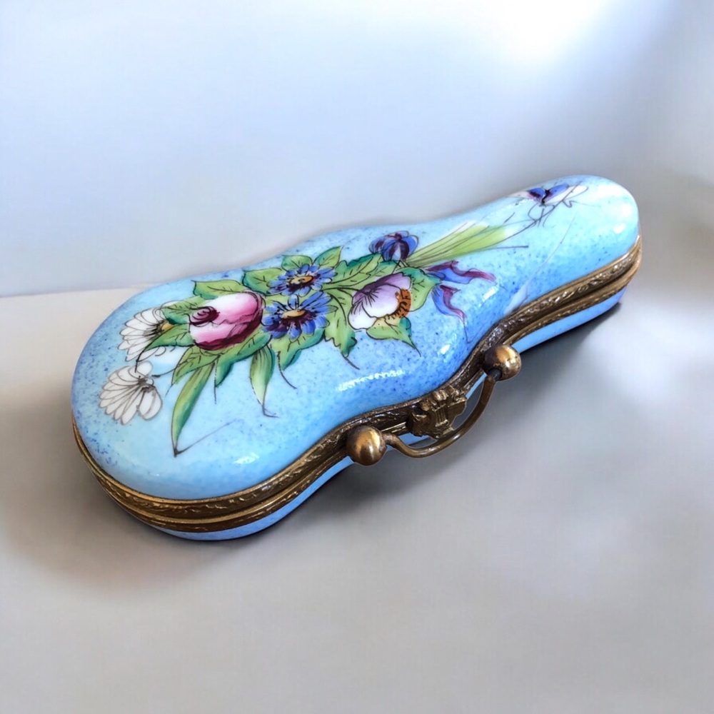 Limoges France Violin and Case Trinket Box Peint MainHand Painted Read
